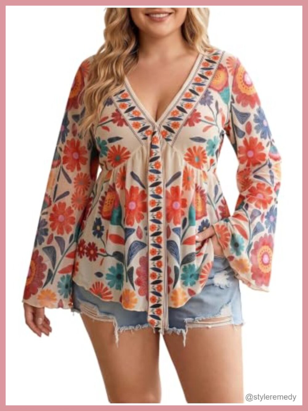 Plus Size Babydoll Bell Sleeve Floral Tie Front Blouse